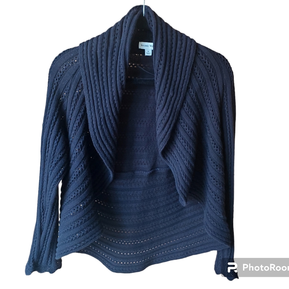 Studio Works Open Front Y2K Cardigan Shawl Collar Black Shrug Swrater PL